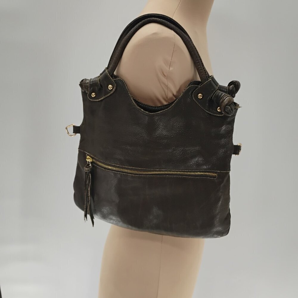 LUCIANA VERDE Green Leather Foldover Handbag Crossbody Clutch Bag Superb Vintage